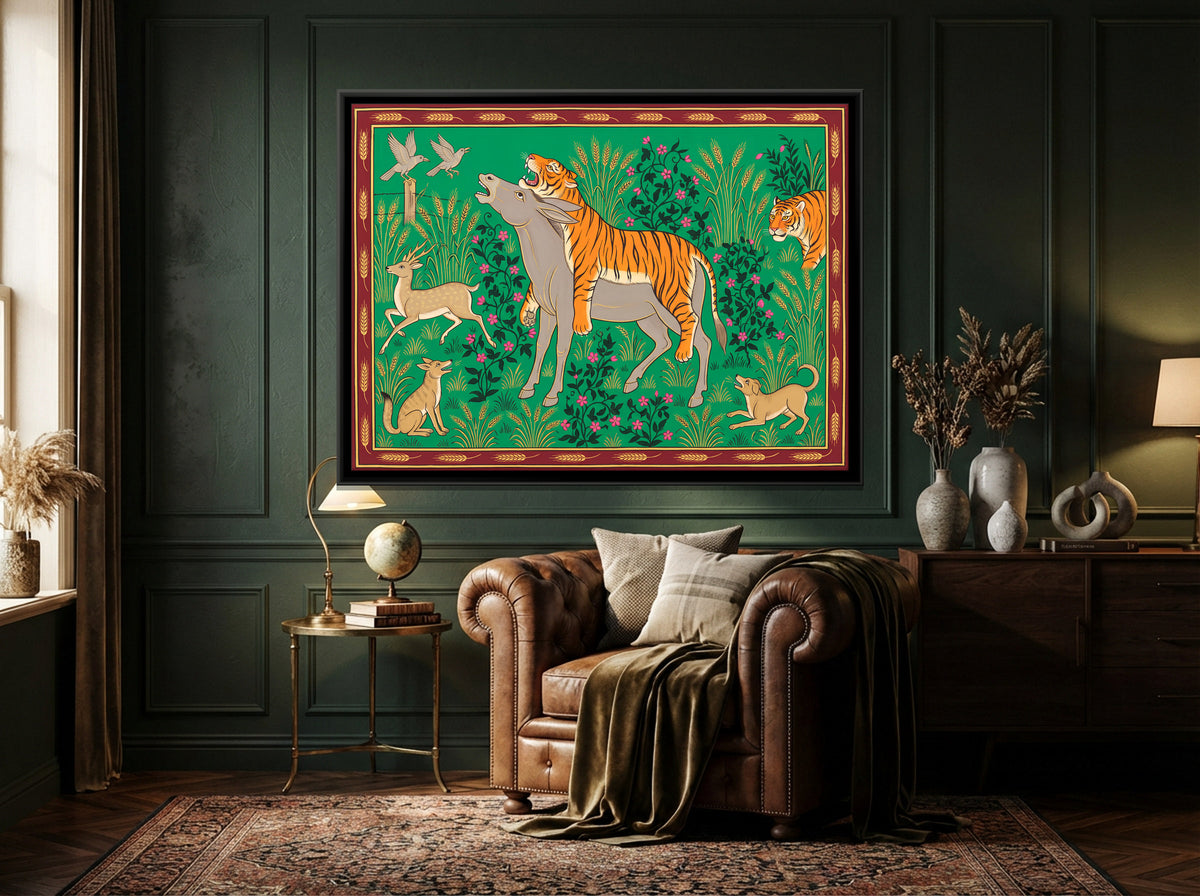 The Donkey in the Tiger's Skin - canvas art shown in a second room setting