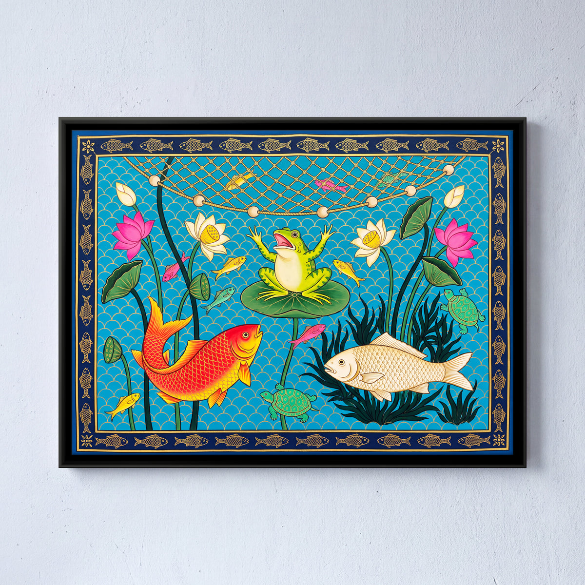 Fish and Frog in a Lotus Pond - framed canvas art hung on a wall