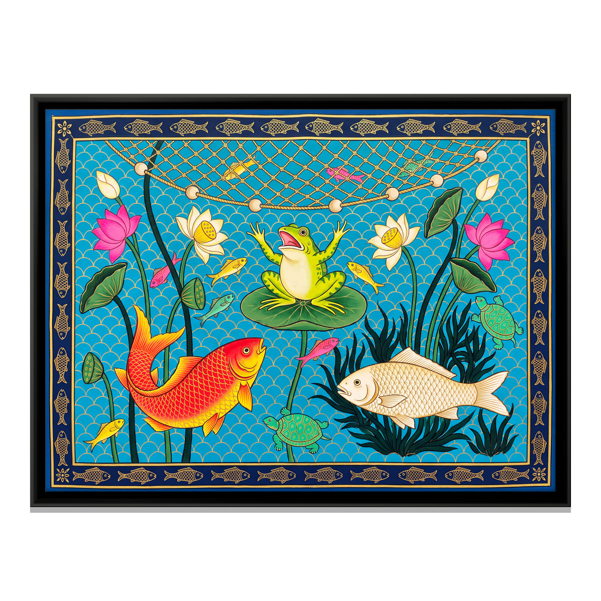 Fish and Frog in a Lotus Pond - framed canvas print, front view