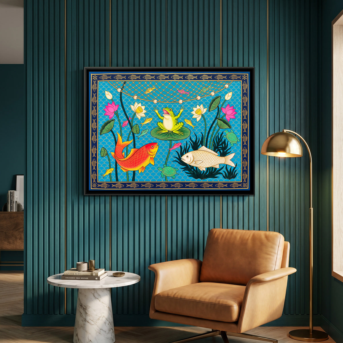 Fish and Frog in a Lotus Pond - canvas art shown in a styled room