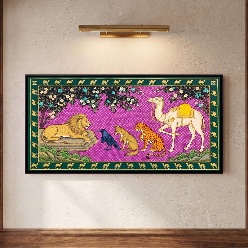 The Lion and the Camel - framed canvas art hung on a wall