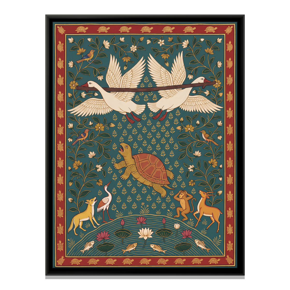The Tortoise and the Two Swans - framed canvas print, front view