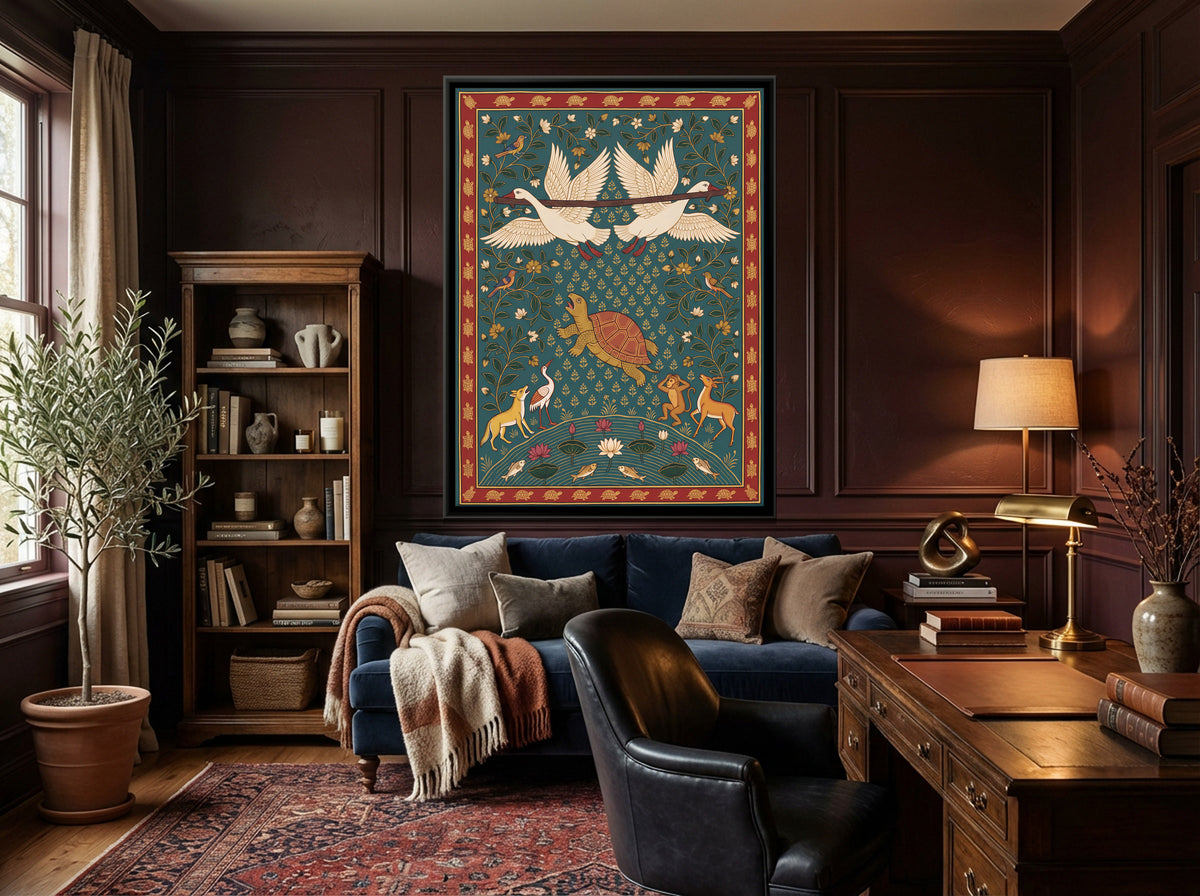 The Tortoise and the Two Swans - canvas art shown in a second room setting