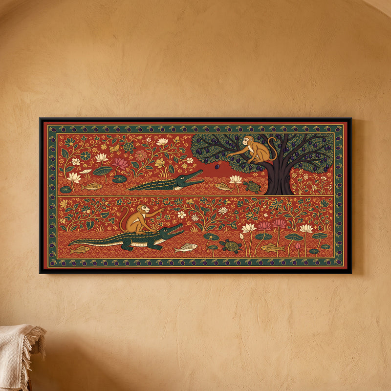 The Monkey and the Crocodile - framed canvas art hung on a wall