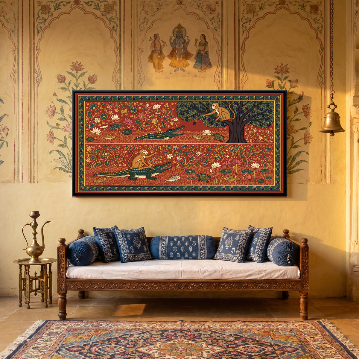 The Monkey and the Crocodile - canvas art shown in a styled room