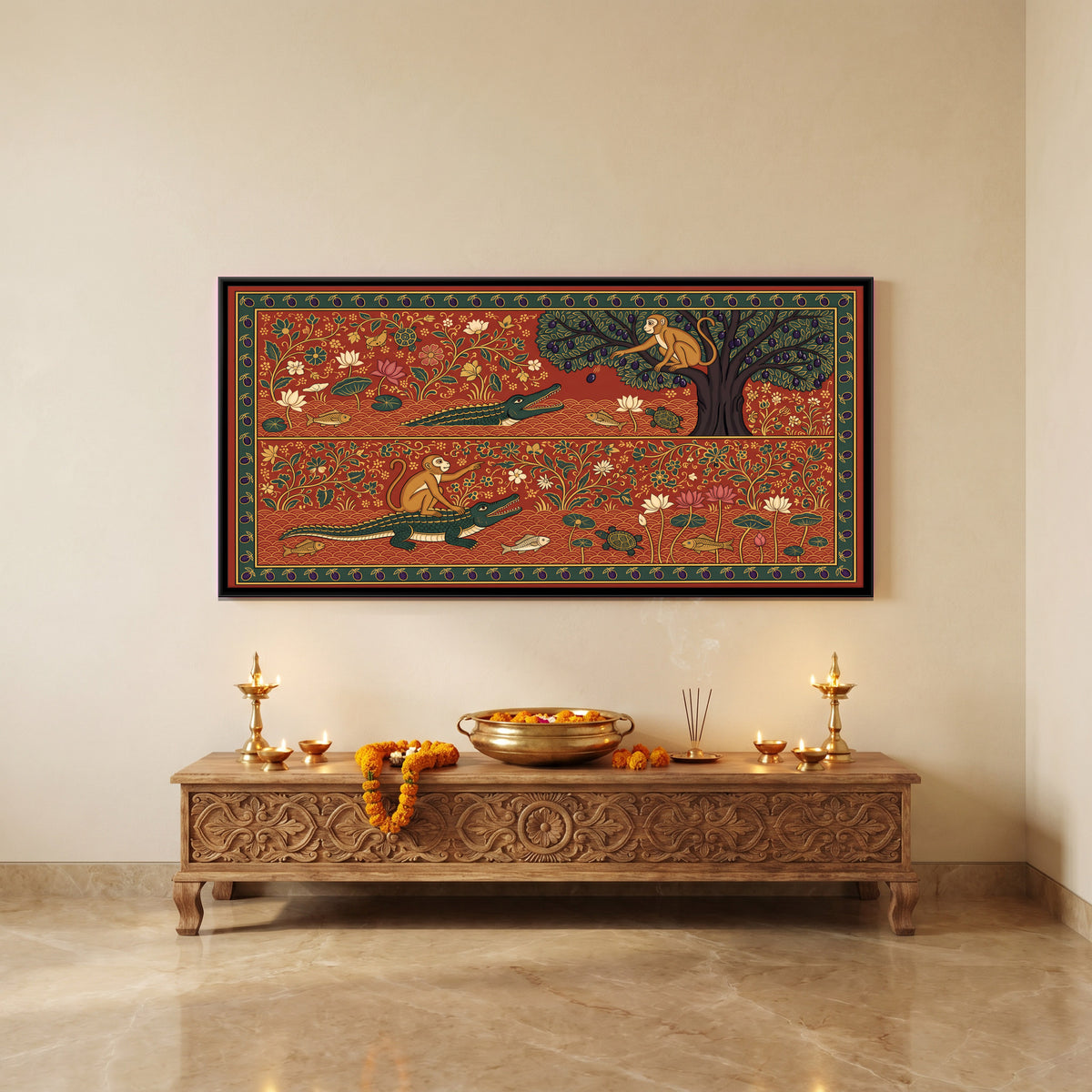 The Monkey and the Crocodile - canvas art shown in a second room setting