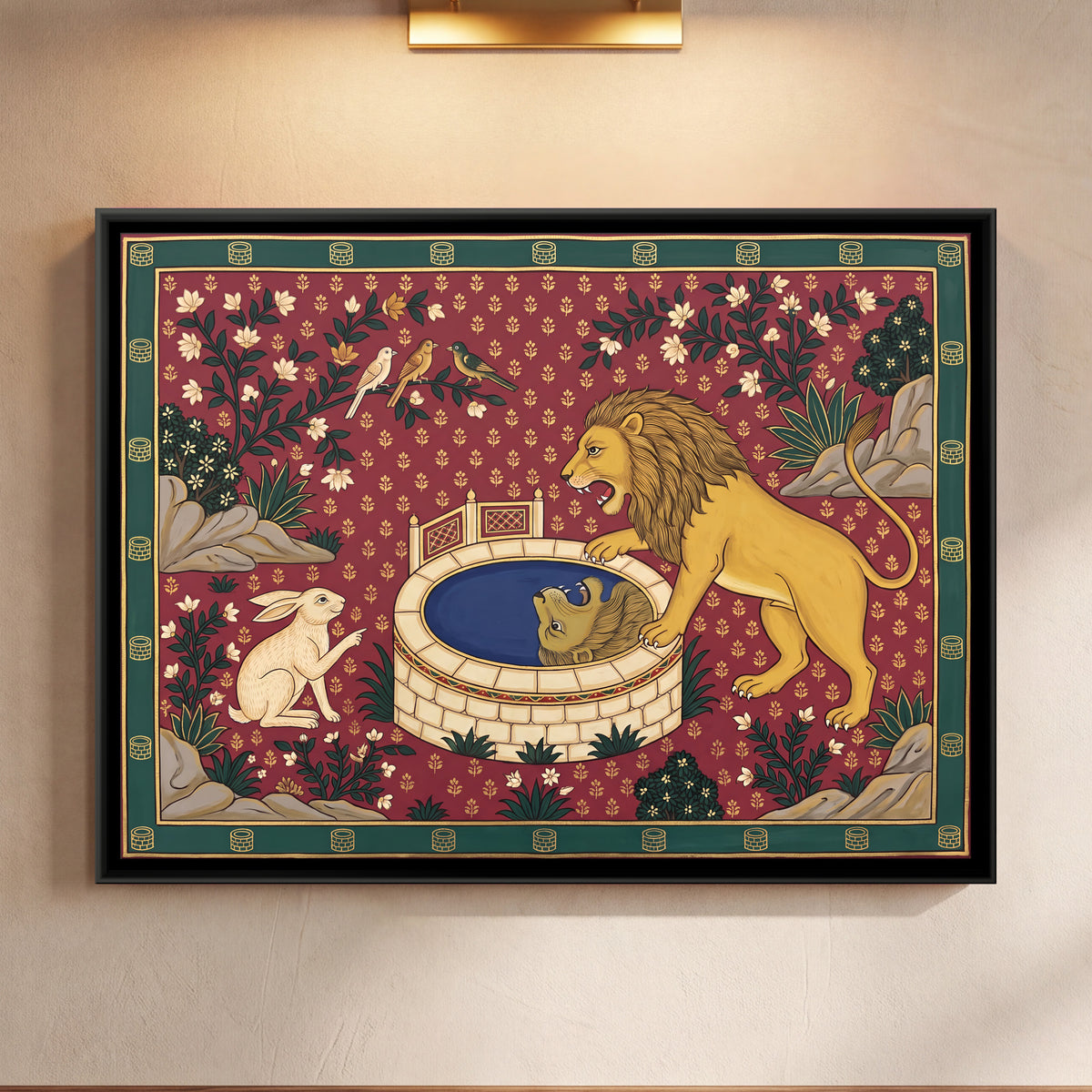 The Lion and the Hare - framed canvas art hung on a wall