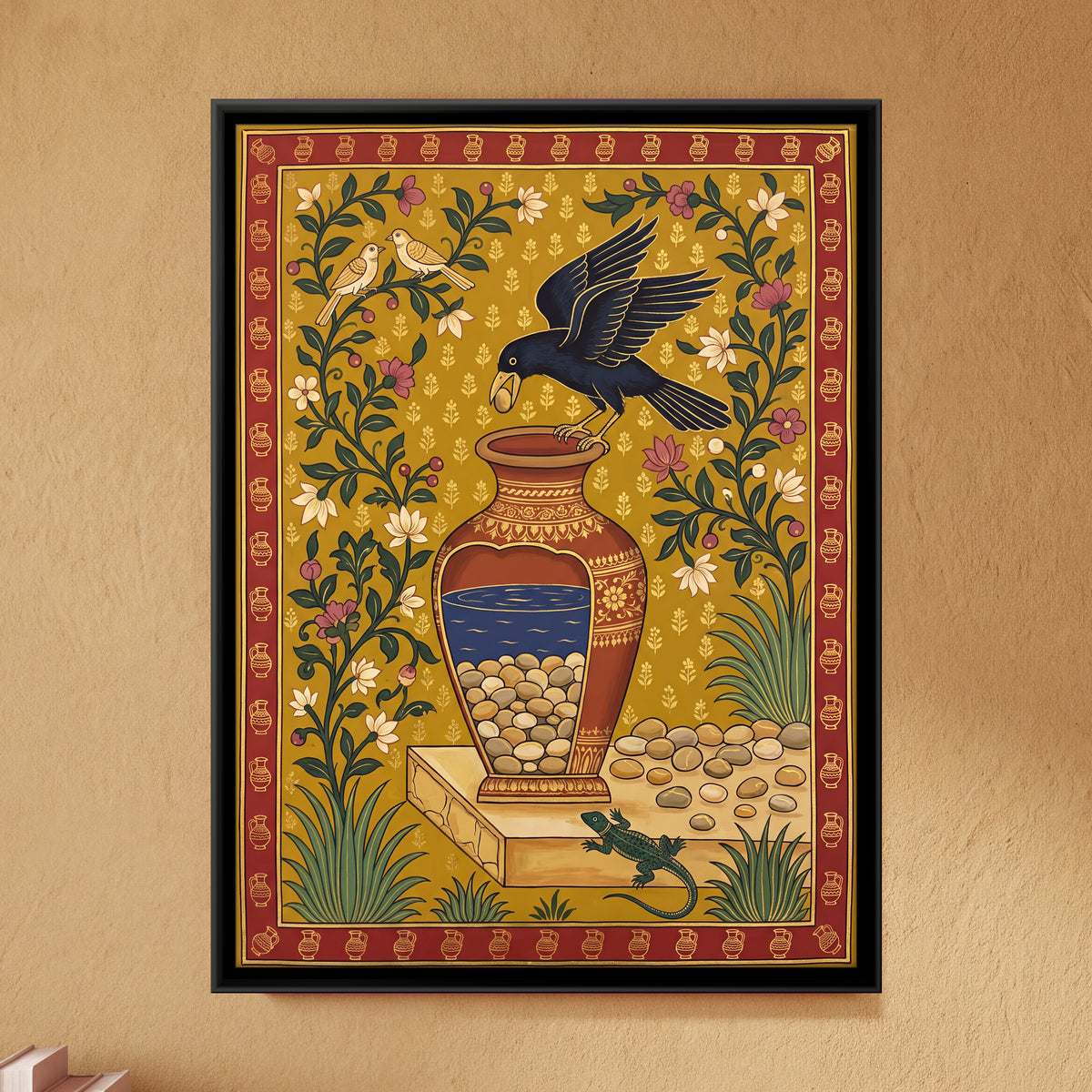 The Thirsty Crow - framed canvas art hung on a wall