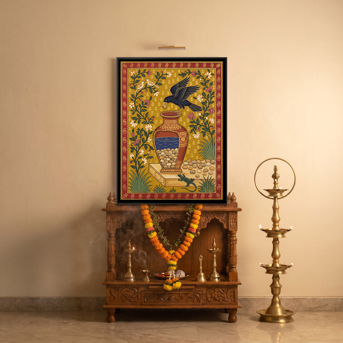 The Thirsty Crow - canvas art shown in a styled room