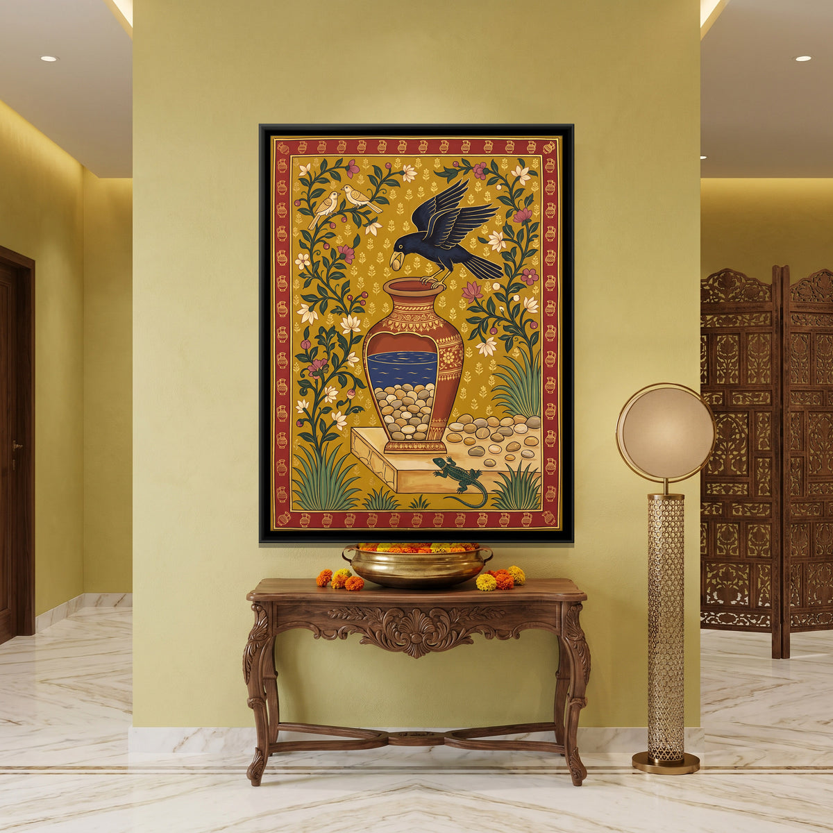 The Thirsty Crow - canvas art shown in a second room setting