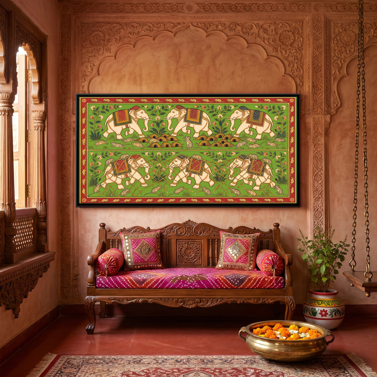 The Elephants and the Mice - canvas art shown in a styled room