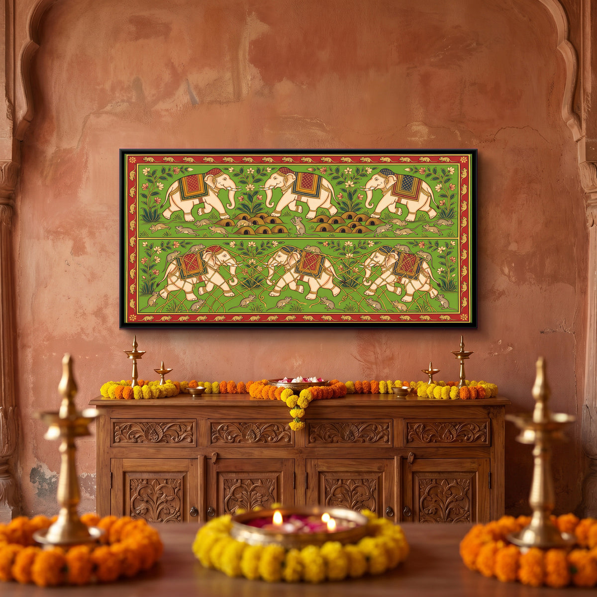 The Elephants and the Mice - canvas art shown in a second room setting