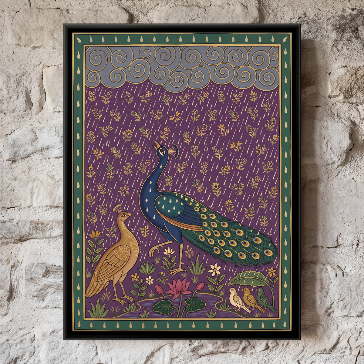 Peacock and Peahen in the Rain - framed canvas art hung on a wall