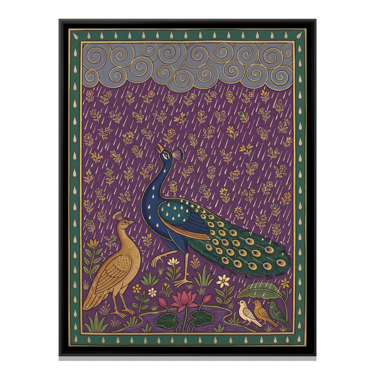 Peacock and Peahen in the Rain - framed canvas print, front view