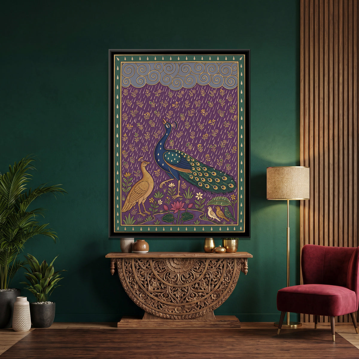 Peacock and Peahen in the Rain - canvas art shown in a styled room