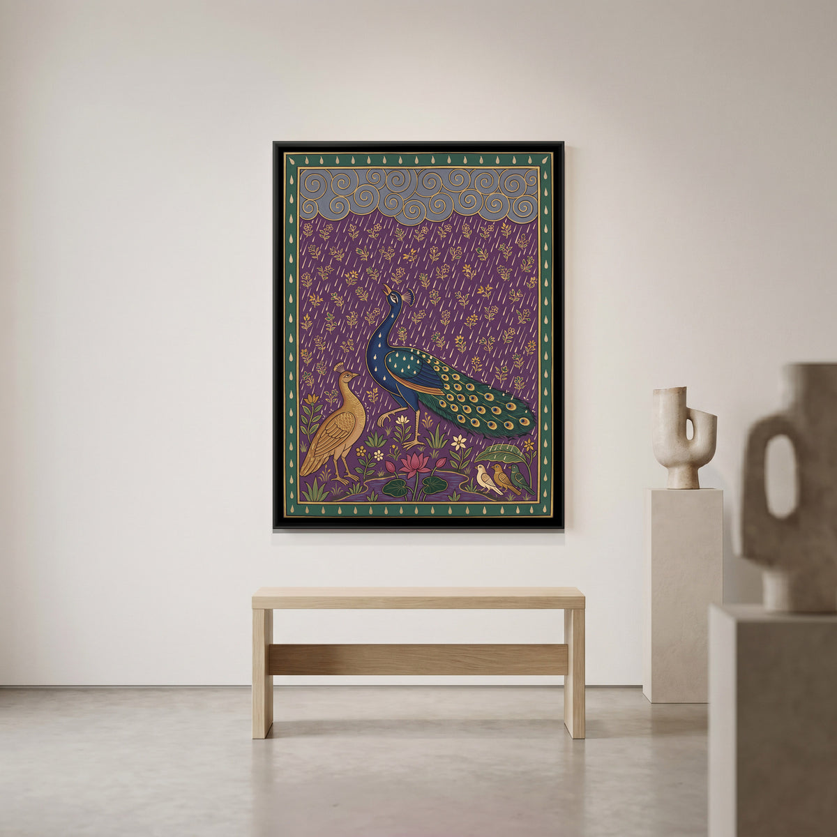 Peacock and Peahen in the Rain - canvas art shown in a second room setting