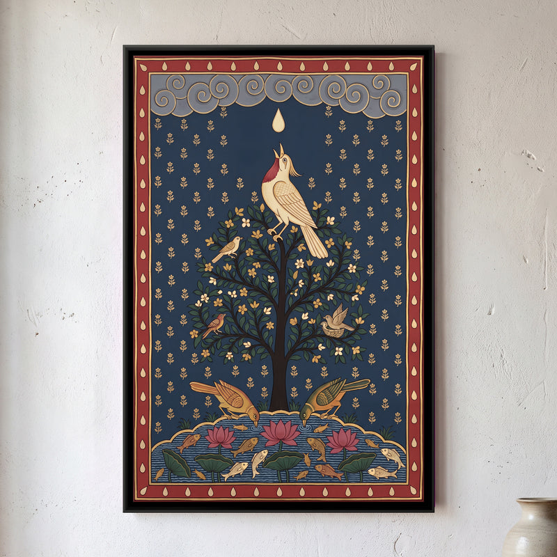 The Bird and the Raindrop - framed canvas art hung on a wall