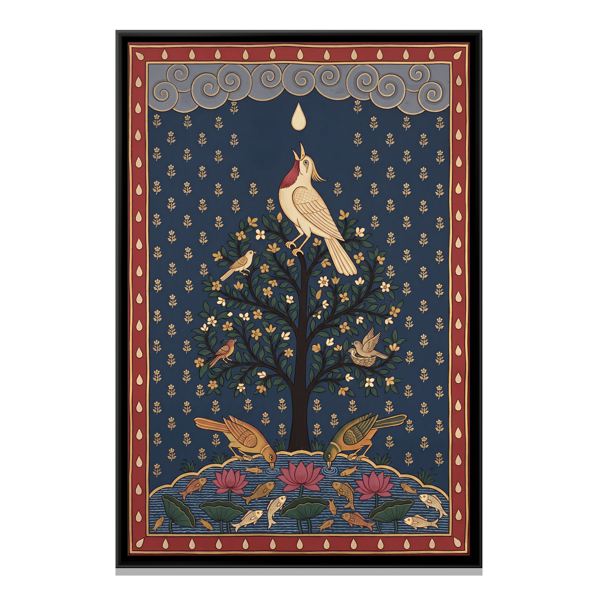 The Bird and the Raindrop - framed canvas print, front view