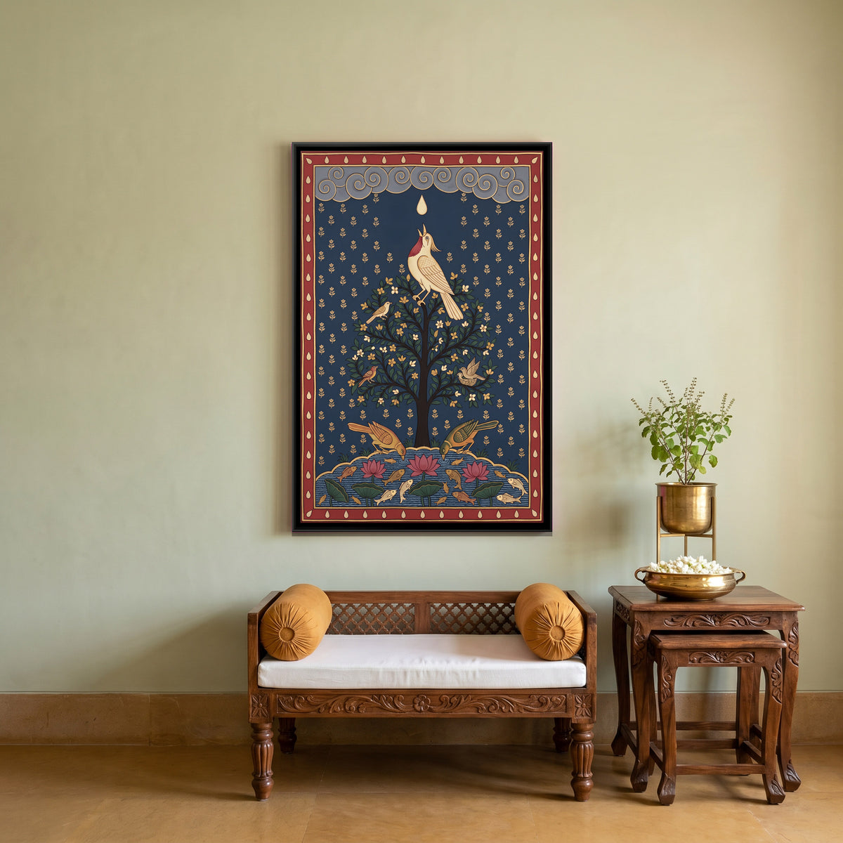 The Bird and the Raindrop - canvas art shown in a styled room