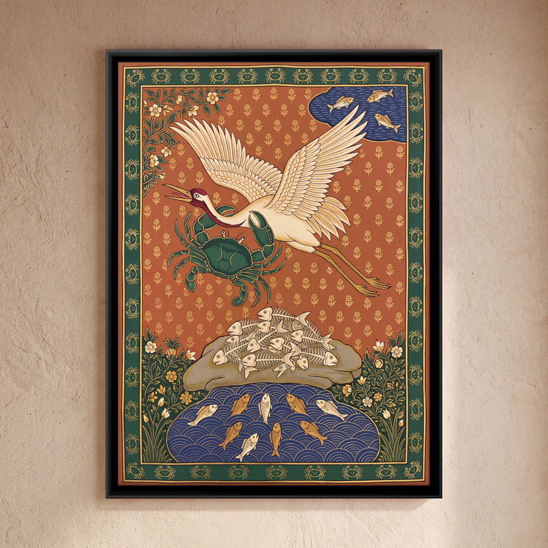 The Crane and the Crab - framed canvas art hung on a wall
