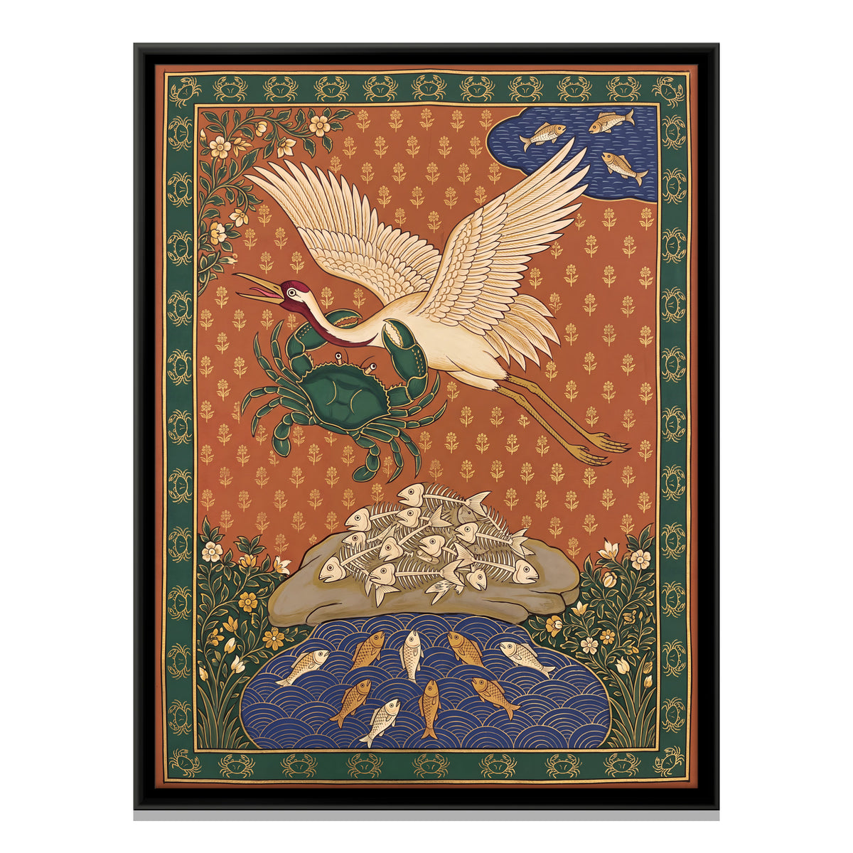 The Crane and the Crab - framed canvas print, front view