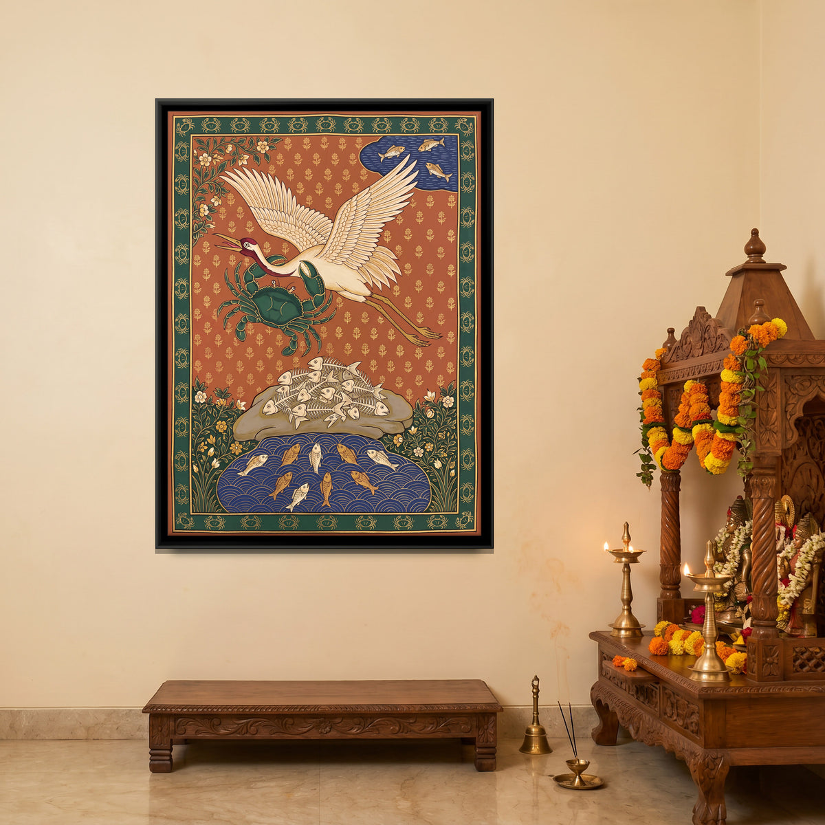 The Crane and the Crab - canvas art shown in a styled room