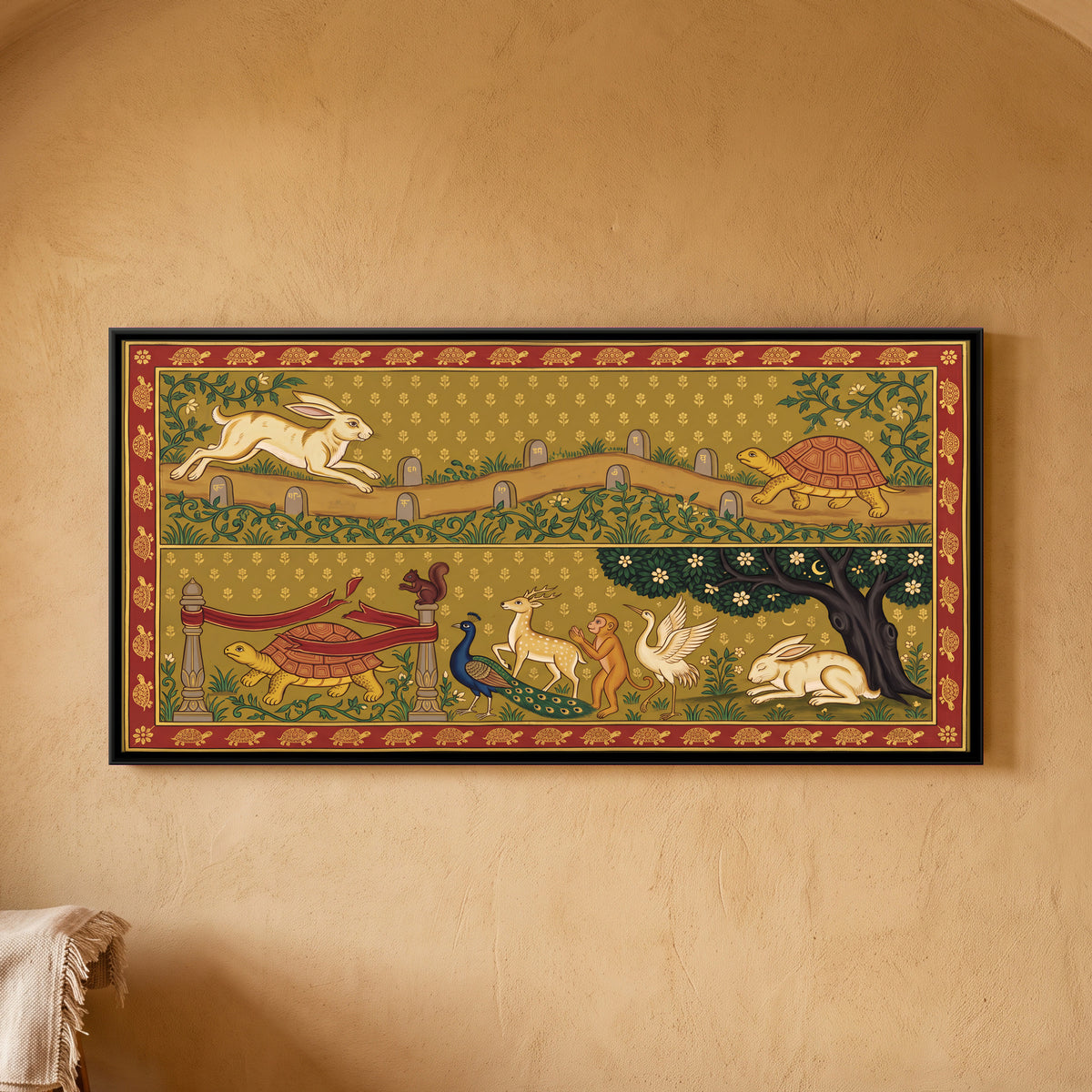 The Hare and the Tortoise - framed canvas art hung on a wall