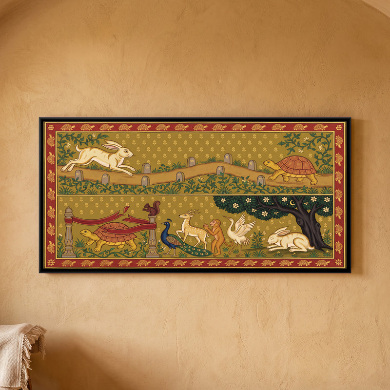 The Hare and the Tortoise - framed canvas art hung on a wall