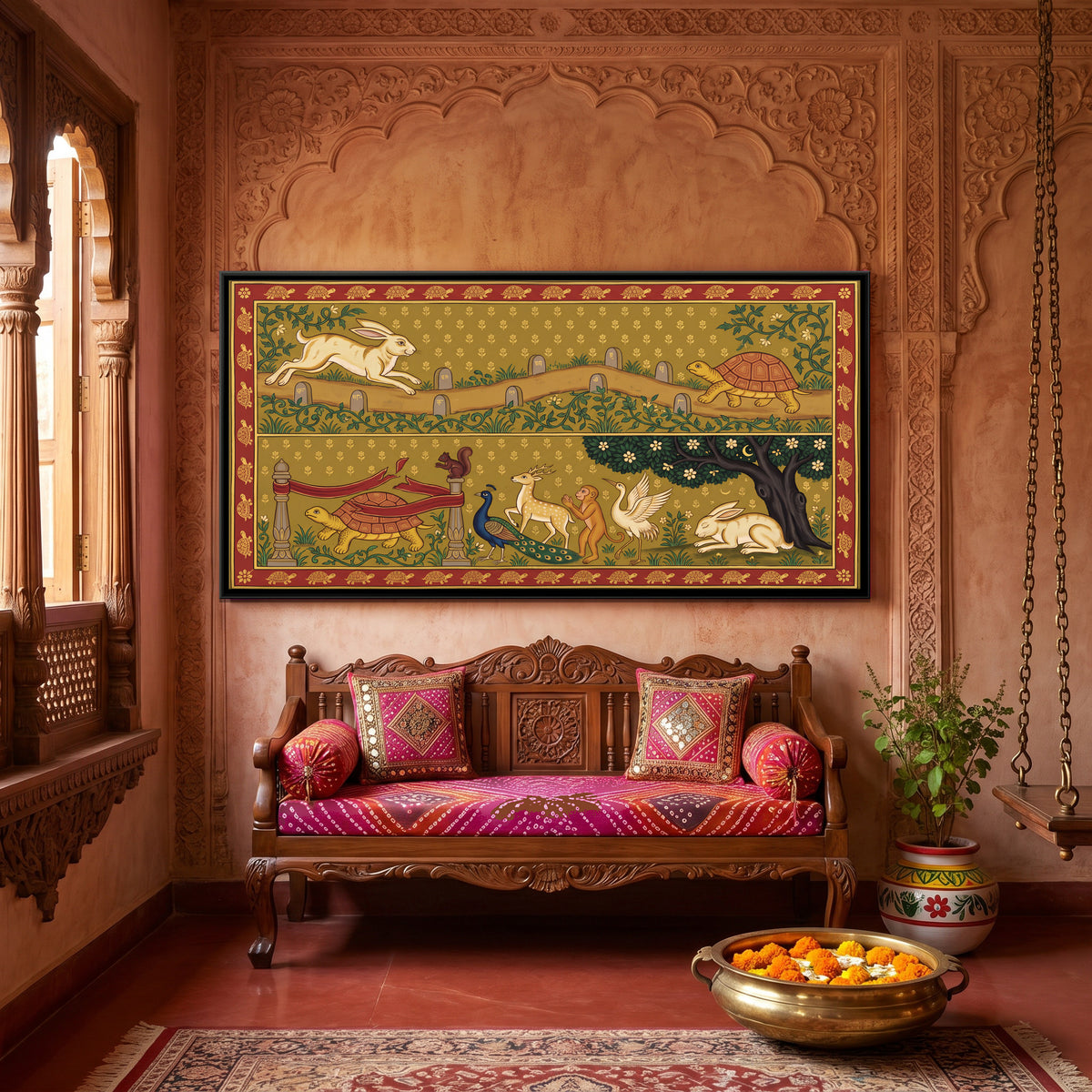 The Hare and the Tortoise - canvas art shown in a styled room