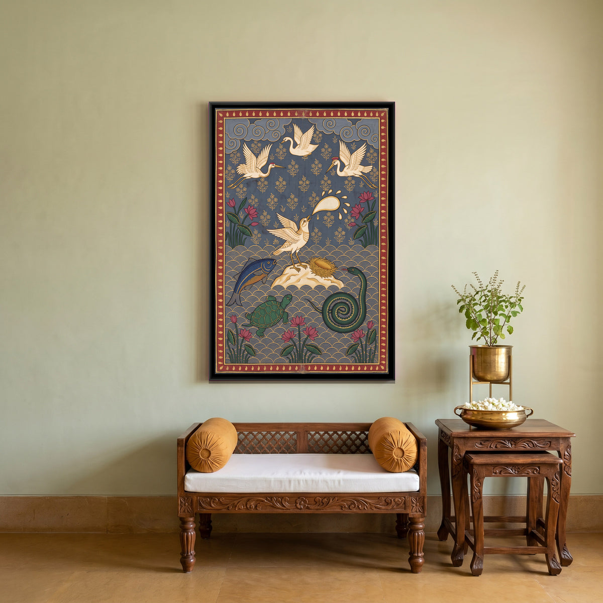 The Little Bird and the Sea - canvas art shown in a styled room