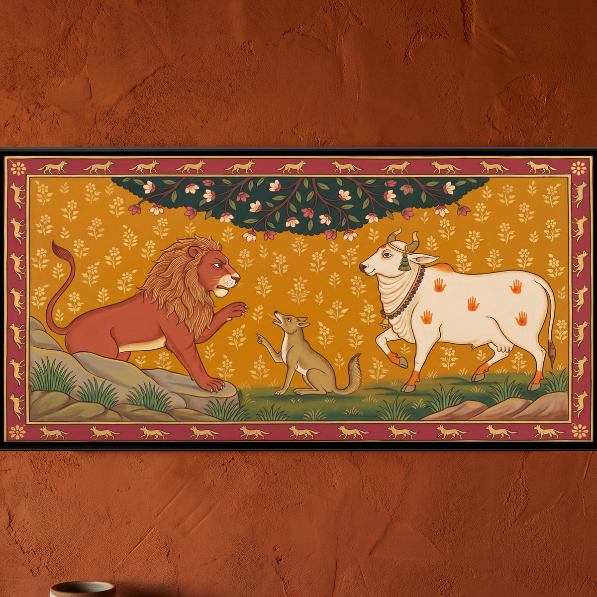 The Lion and the Bull - framed canvas art hung on a wall
