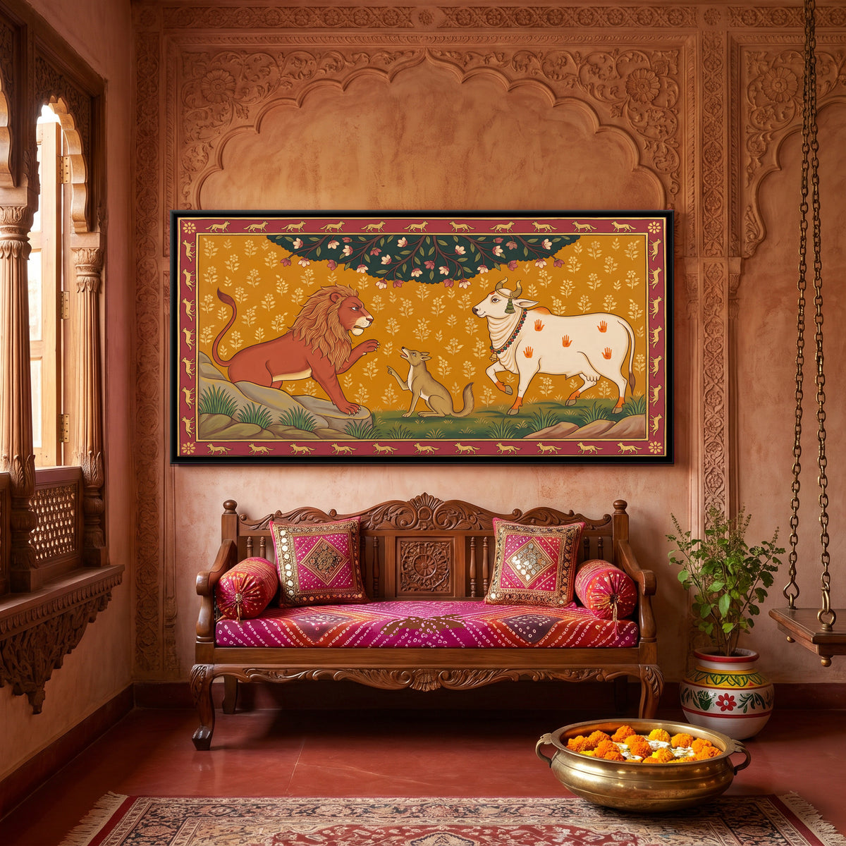 The Lion and the Bull - canvas art shown in a styled room