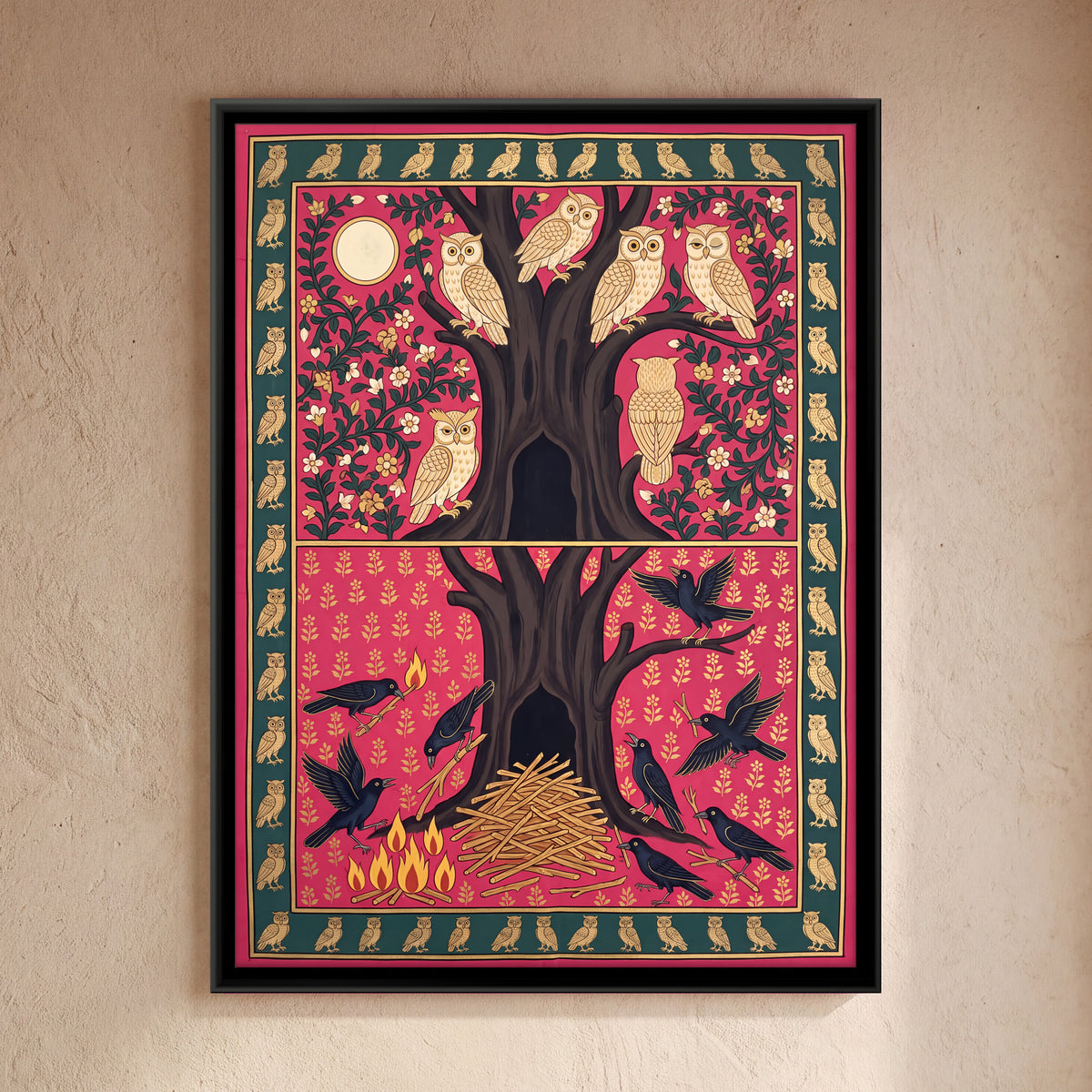 The Crows and the Owls - framed canvas art hung on a wall