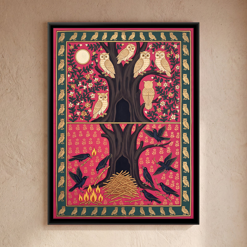 The Crows and the Owls - framed canvas art hung on a wall