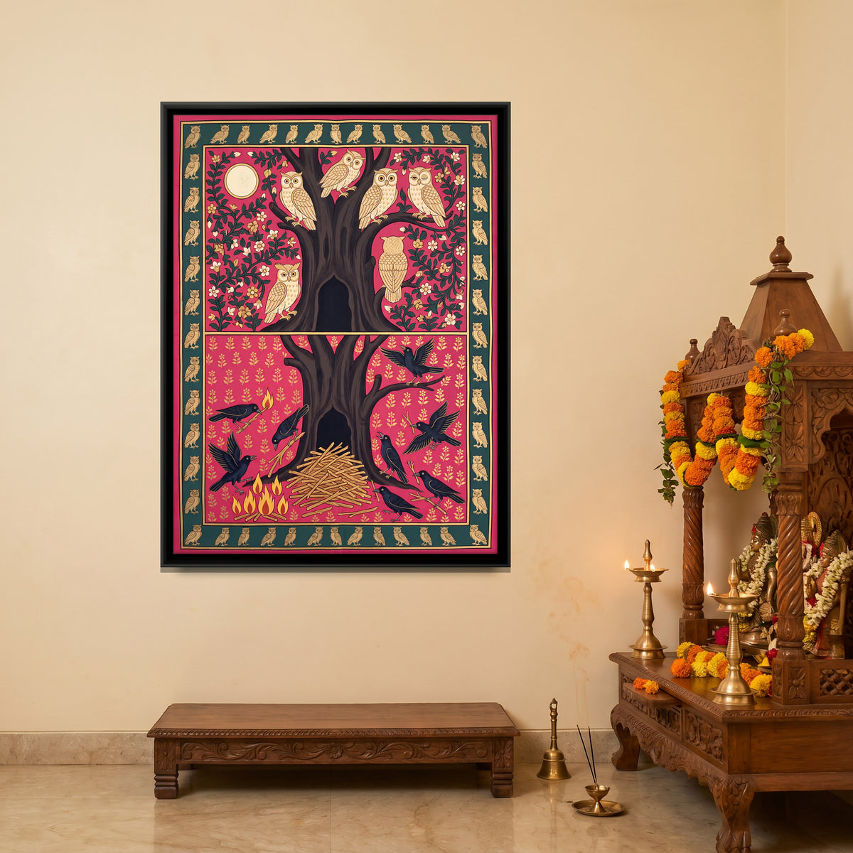 The Crows and the Owls - canvas art shown in a styled room