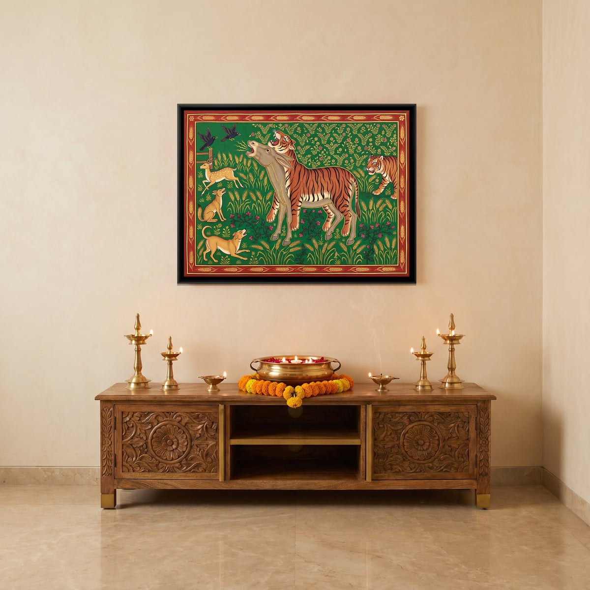 The Donkey in the Tiger's Skin - canvas art shown in a styled room