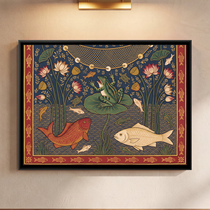 Fish Among Lotus - framed canvas art hung on a wall