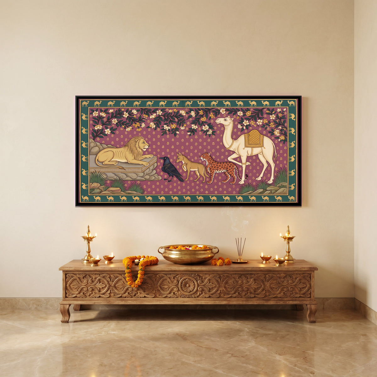 The Lion and the Camel - canvas art shown in a styled room