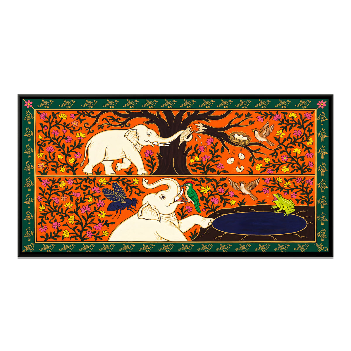 The Elephant and the Sparrow - framed canvas print, front view