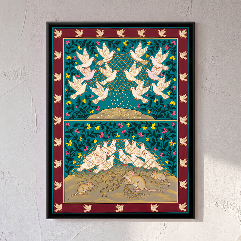 The Doves and the Mice - framed canvas art hung on a wall