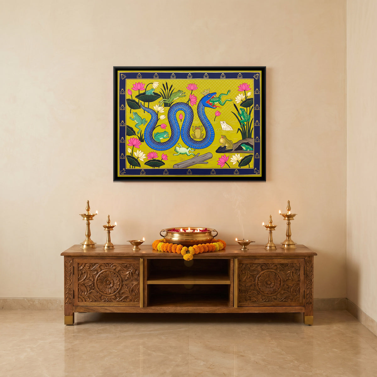 The Snake and the Frogs - canvas art shown in a second room setting