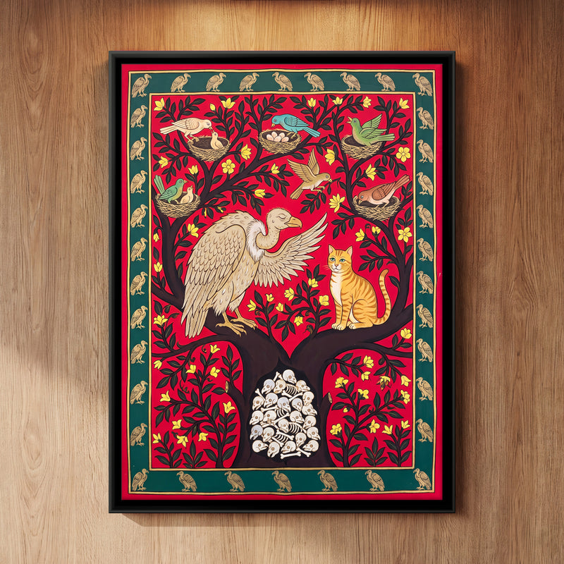 The Vulture and the Cat - framed canvas art hung on a wall