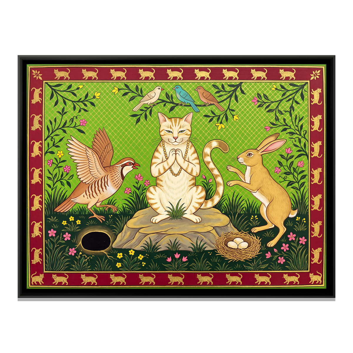 The Cat, the Partridge and the Hare - framed canvas print, front view