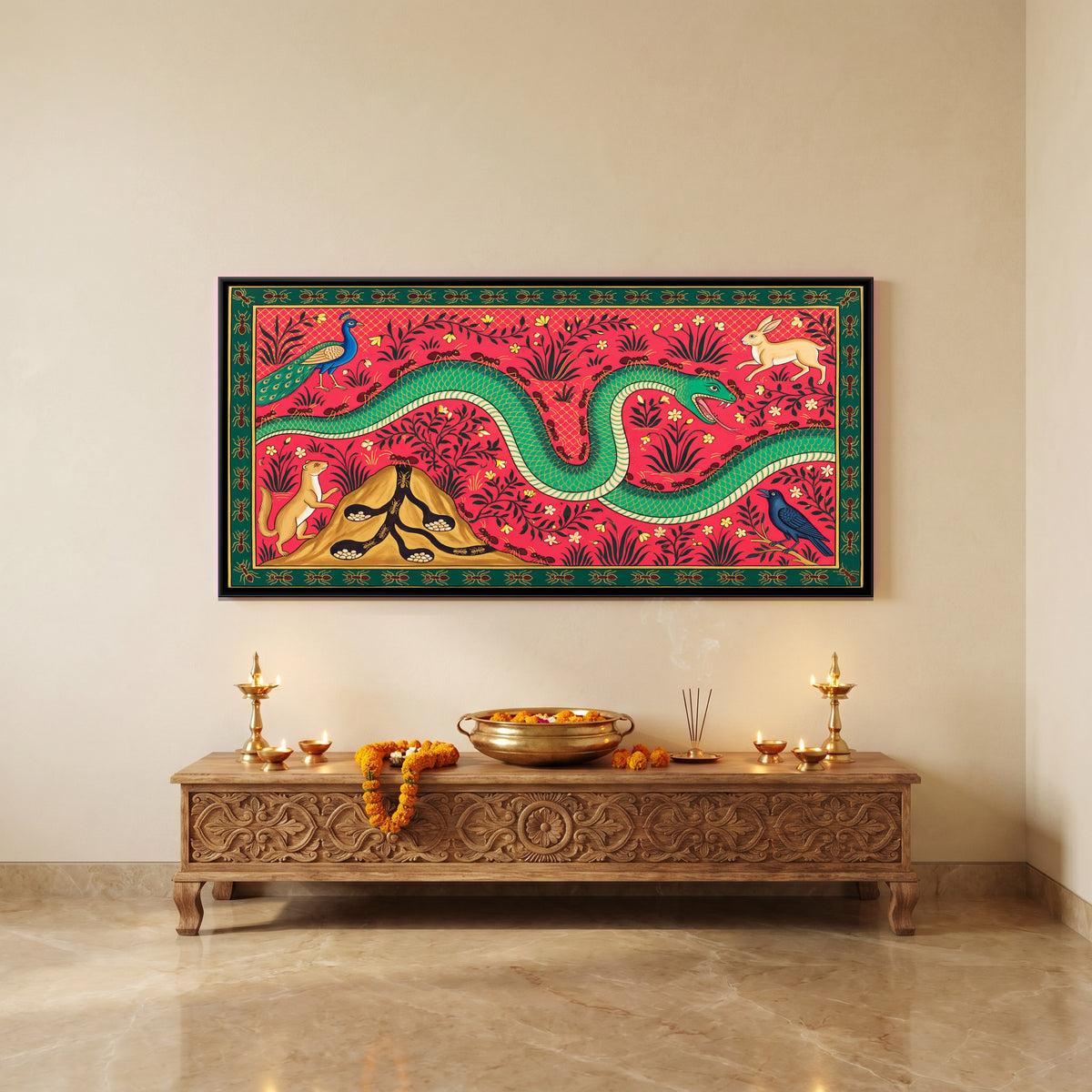 The Serpent and the Ants - canvas art shown in a styled room