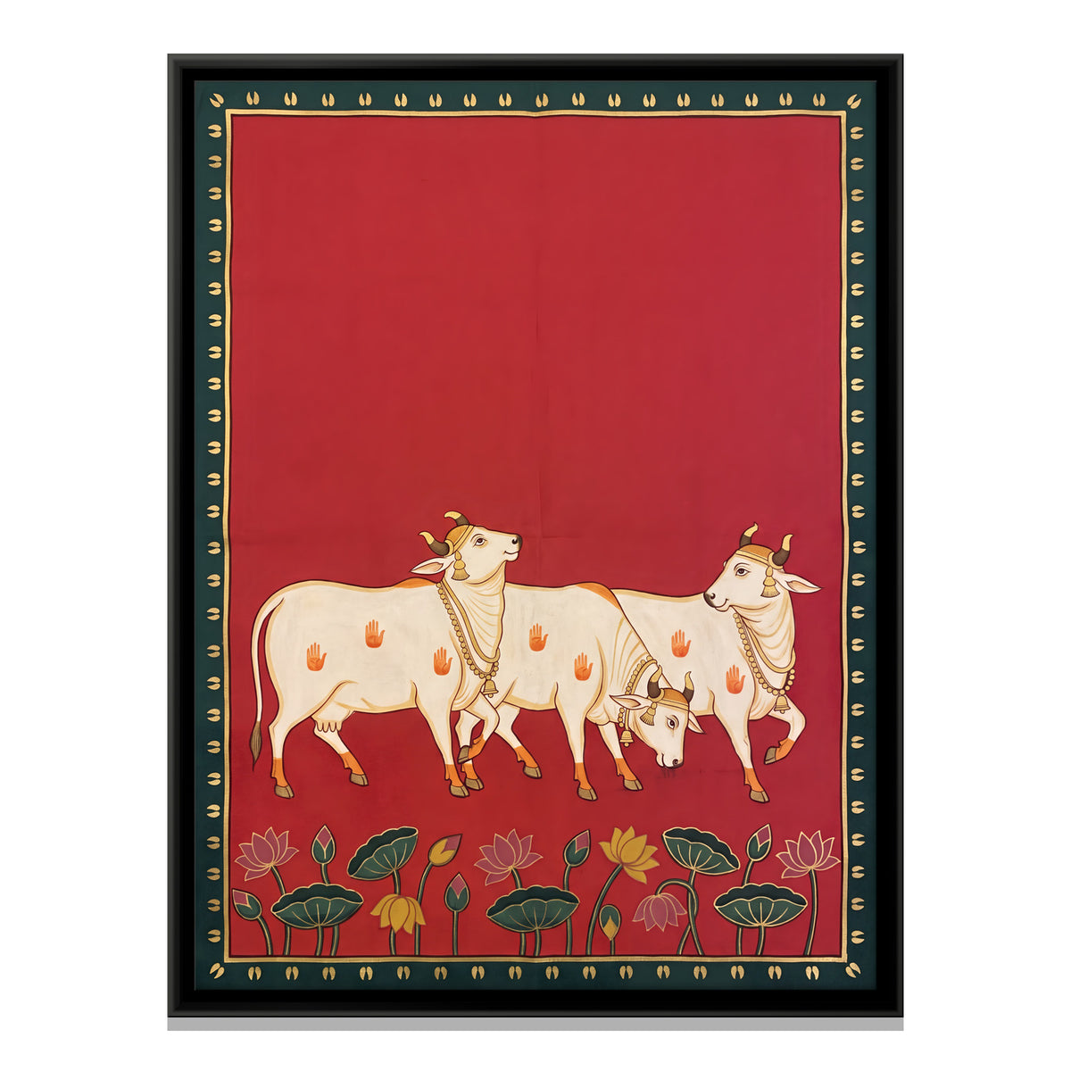 Three Cows with Lotuses - framed canvas print, front view