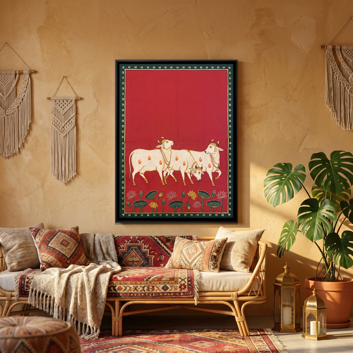 Three Cows with Lotuses - canvas art shown in a styled room