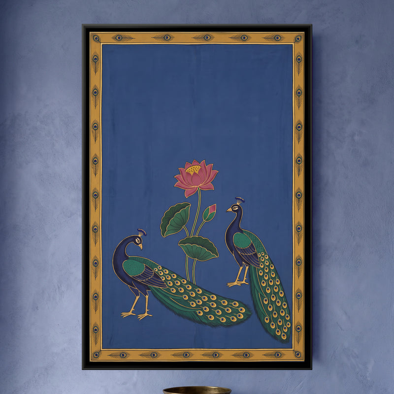 Two Peacocks and a Lotus - framed canvas art hung on a wall
