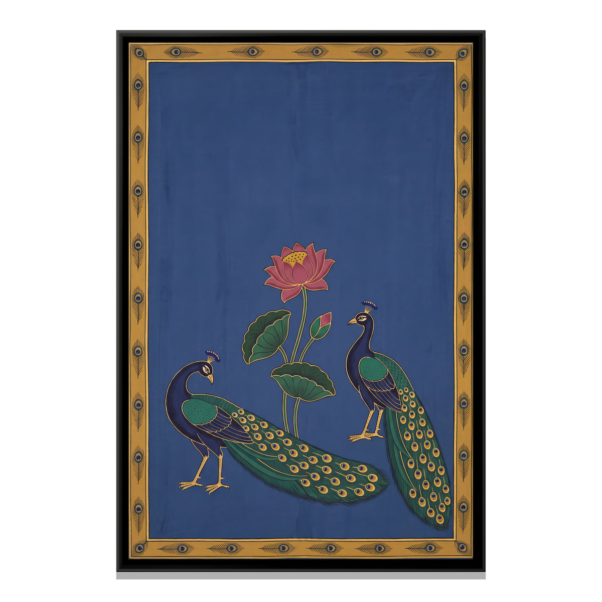 Two Peacocks and a Lotus - framed canvas print, front view