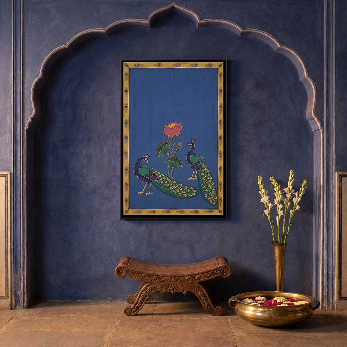 Two Peacocks and a Lotus - canvas art shown in a styled room