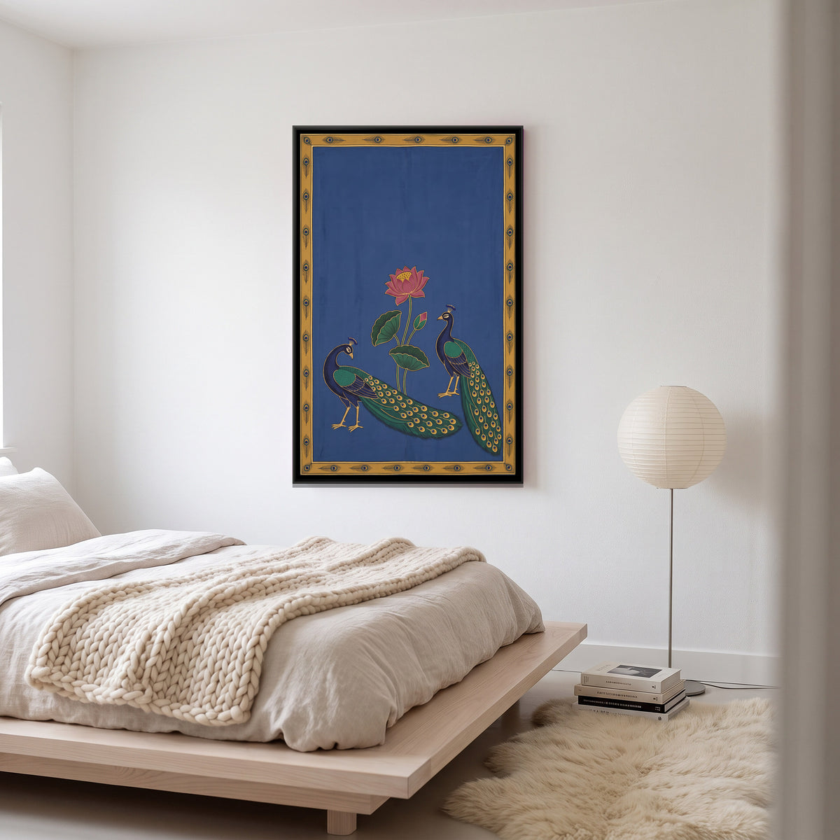 Two Peacocks and a Lotus - canvas art shown in a second room setting